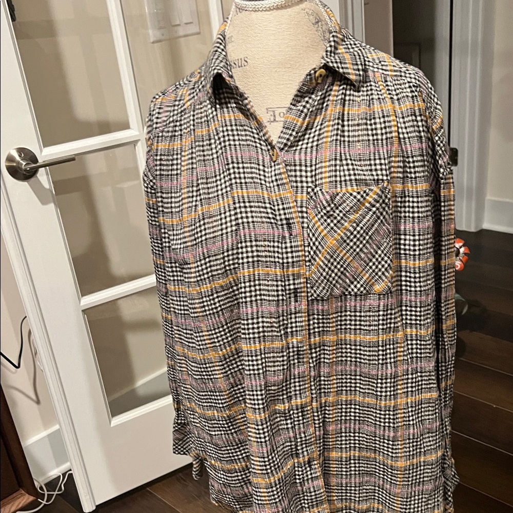 Plaid Button-Up Shirt in Black Yelow, Pink & White.